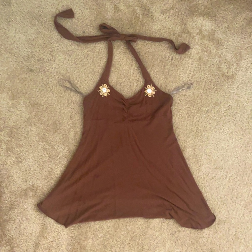 Halter top. Chocolate brown. Wooden flower beads
